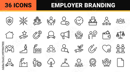 Human resources and employer branding linear icon set on white grid
