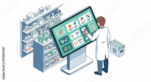 Pharmacist Using Large Digital Touchscreen for Medical Inventory Management and Prescription Processing in a Modern Pharmacy Interior, Isometric Illustration