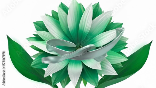 Abstract Silver Ribbon Unfurling Around a Blooming Green and White Flower
