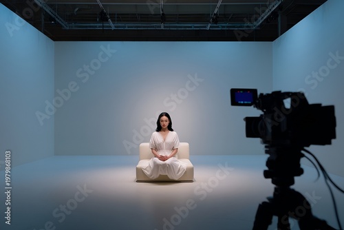 Woman sitting on a couch in a studio while being filmed by a camera in a well-lit space