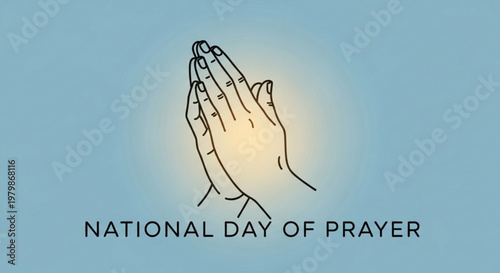 Praying hands icon for national day of prayer with glowing light on blue background symbolizing faith and spirituality