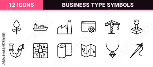 80 minimalist industrial business and commerce industry outline icons.