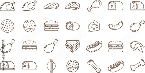 Food outline icons set with meat and snacks. Chicken, burger, sausage and bakery items. Minimal line art vector isolated collection.
