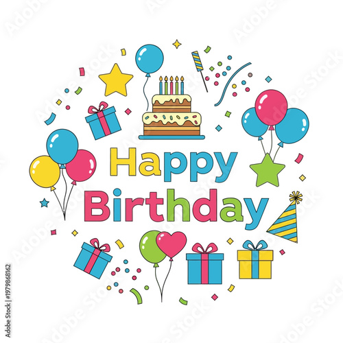 Happy Birthday Celebration with Cake, Balloons, Gifts, and Confetti