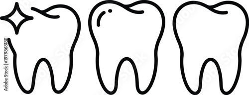 professional dental icon illustration showing three clean teeth with shine sparkle symbolizing oral health whitening and superior dental hygiene concept
