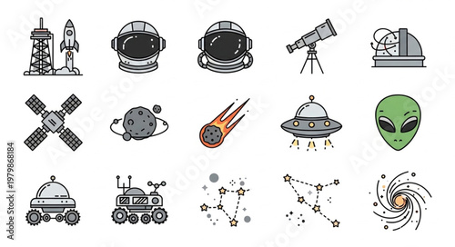 Space icons and symbols.