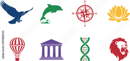 Minimalist flat icon set with 8 colorful vector symbols, diverse collection of animal and educational graphics, simple logo design elements for branding vector illustration