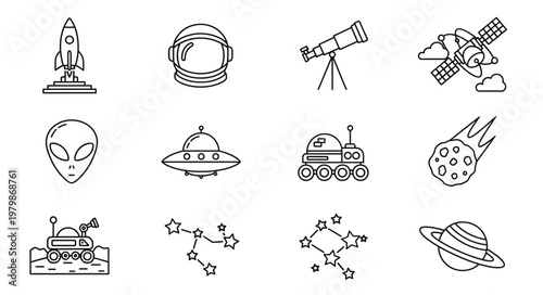 Space icons with planets and rockets.