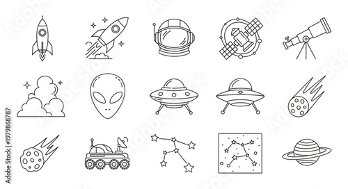 Space icons with planets and rockets.