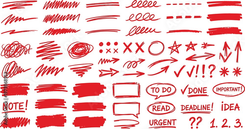 A collection of red hand-drawn symbols and notes    for organizing and highlighting important information. Ai, eps, jpg, transparent background, png