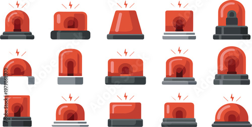 Fotografía Emergency siren icon set with red beacon alarm lights, glossy flashing police an