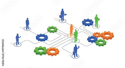Isometric vector illustration depicting diverse professionals connected by a network of lines to gears, representing teamwork and business operations.