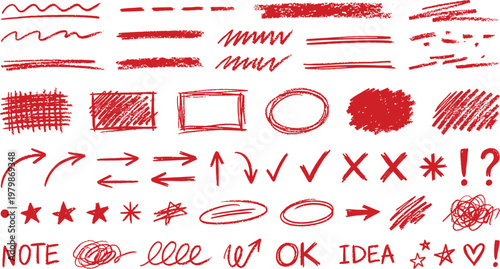 A collection of red hand-drawn sketching symbols and marks    Ai, eps, jpg, transparent background, png
