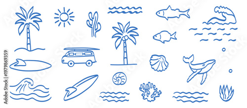 Hand-drawn doodle beach,ocean vector illustrations set:palm trees,sun,waves,fish,whale,surfboard,van,shell,coral,sea plants—clean,simple,tropical-themed,perfect for summer design t-shirt,poster,prints