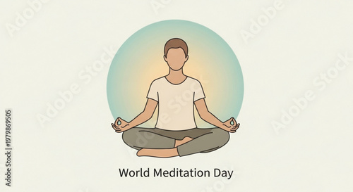 Man meditating in lotus position on world meditation day with glowing aura