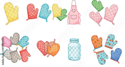 Kitchen Oven Mitts and Apron Collection with Cute Colorful Cooking Gloves and Jar Set for Home Baking Vector Illustration