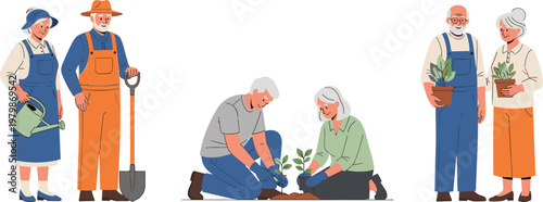 Senior farmers gardening together. Elderly people planting trees and holding plants. Happy old couple agriculture activity vector for eco lifestyle and nature care concept.