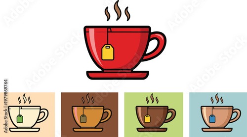 Tea cup illustration set. Steaming mug with teabag in colorful styles. Flat vector collection for cafe, beverage branding and cozy drink concepts.