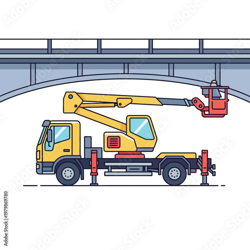 Yellow aerial platform truck with basket under a bridge, construction and maintenance concept