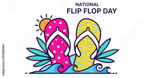 Colorful flip flops on beach waves with tropical leaves and sun on national flip flop day