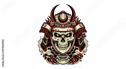 Warrior's Skull Illustration: A formidable skull, adorned with traditional samurai armor and helmet, exudes a sense of strength and the warrior's spirit, against a backdrop.