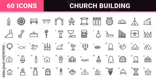 Religious building and chapel architecture line graphics