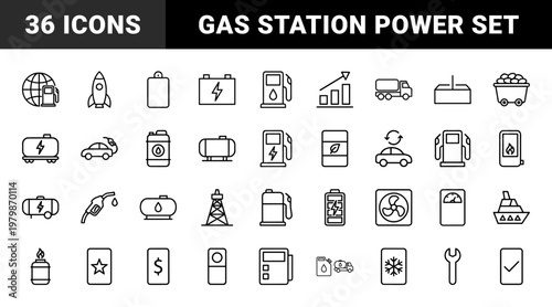 Minimalist fuel and energy line icons including gas station and oil industry symbols