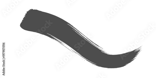 A minimalist black ink brush stroke sweeping in a smooth arc, with textured edges and fading bristle marks on a clean white texture background vector.