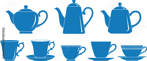 Teapot and cup silhouette vector set. Blue minimal tea collection. Classic teaware shapes for cafe branding, menu design, and beverage illustration projects.