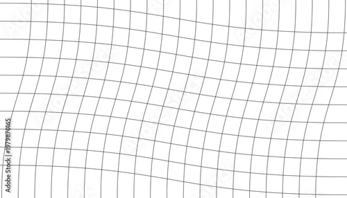 An abstract distorted grid pattern featuring undulating black lines on a stark white background creating a wavy effect