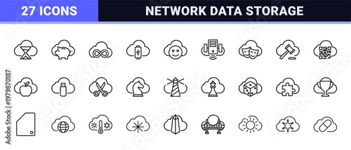 Cloud computing and network data storage linear icons.