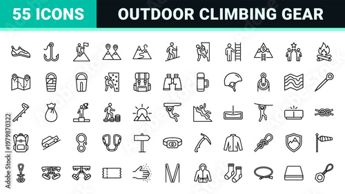 Mountaineering and rock climbing line icons for outdoor adventure and hiking gear.