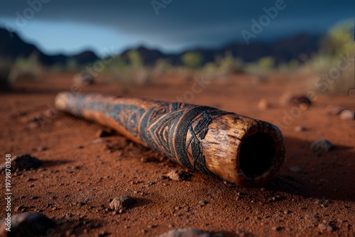 Wooden instrument rests on the ground in a desert landscape during the afternoon with mountains in the background