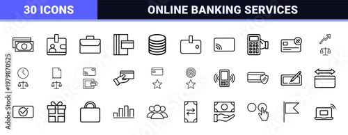 Online banking and finance payment outline icons in minimalist black line style.