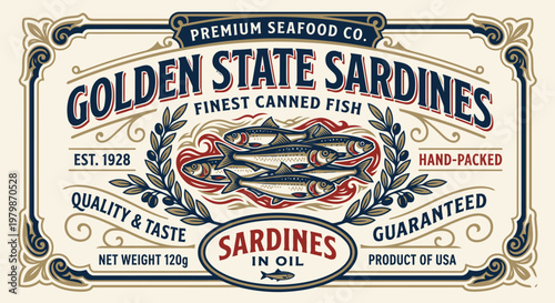 Sardines in the Package: An illustrative depiction of sardines, elegantly presented within a vintage label, designed to evoke the rich heritage and quality of canned seafood.