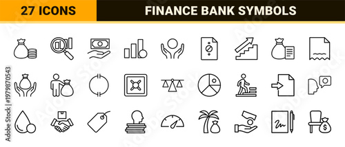 Minimalist finance and banking outline icons for business and personal money management.