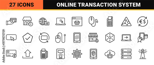 Digital payment and online banking minimalist line icon set