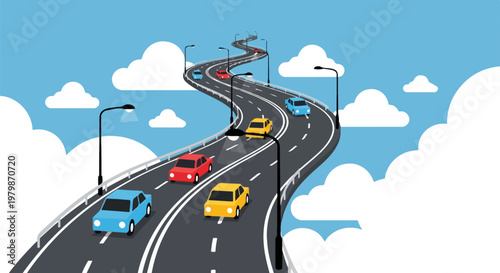 Winding highway road vector with colorful cars, asphalt motorway through white clouds, curved road journey concept for travel and logistics