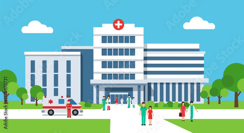 Modern hospital building vector illustration, medical center exterior with ambulance and staff, healthcare facility flat design with doctors and patients