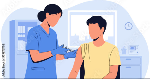 Medical vaccination vector illustration, nurse giving injection to patient in clinic, healthcare professional administering vaccine shot in hospital