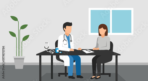 Modern hospital building exterior with ambulance and medical staff. Flat vector illustration of a healthcare clinic facility with doctors and patients.