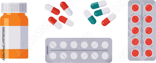 Medical pills and capsules vector set, pharmaceutical drug bottle and blister packs, healthcare medication icons for pharmacy and clinic design