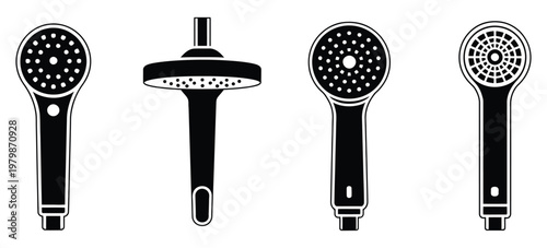 Shower, head collection, black and white bathroom fixtures for washing, shower stall equipment, plumbing accessories, hygiene and cleaning concept, bathroom design elements, flat vector graphics for 