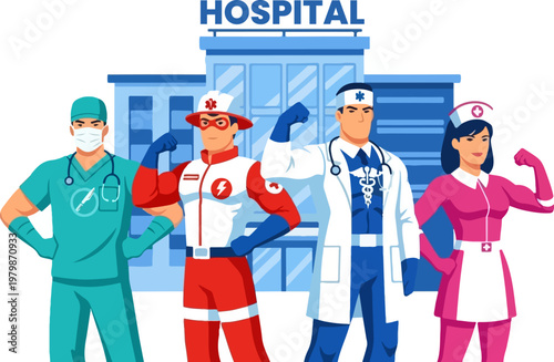 Superhero medical team standing in front of hospital building, brave doctors and nurses as powerful heroes, healthcare workers in comic book style