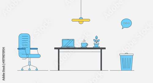 Modern Office Workspace with Blue Chair and Desk.