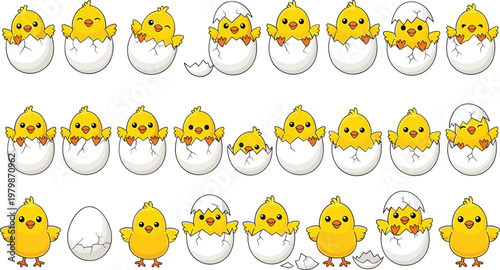 Cute Chick Hatching Sequence Collection with Baby Chicken Cartoon Characters in Egg Shell Set for Kids Easter Vector Illustration