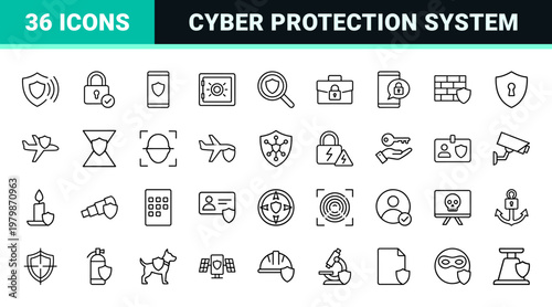 Cyber Security and Data Protection Minimalist Outline Icon Set