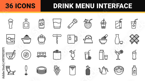 Beverage and drink minimalist outline icon set for menu design