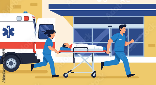 Emergency medical team rushing patient on stretcher to hospital entrance, paramedics with ambulance vehicle, flat vector illustration of urgent healthcare