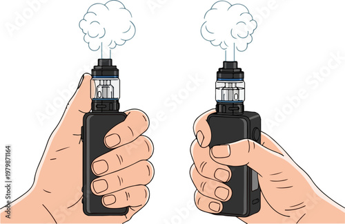 Electronic cigarette vape mod held in hand with vapor clouds, flat vector illustration of vaping device, smoking alternative concept art